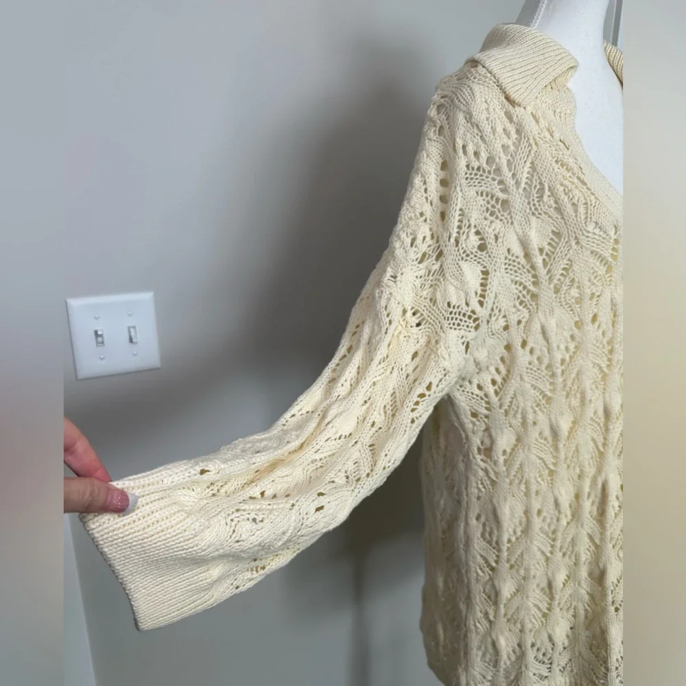 Free People Elton Sweater Dress Cream‎ Open Knit Collared Long Sleeve Boho M